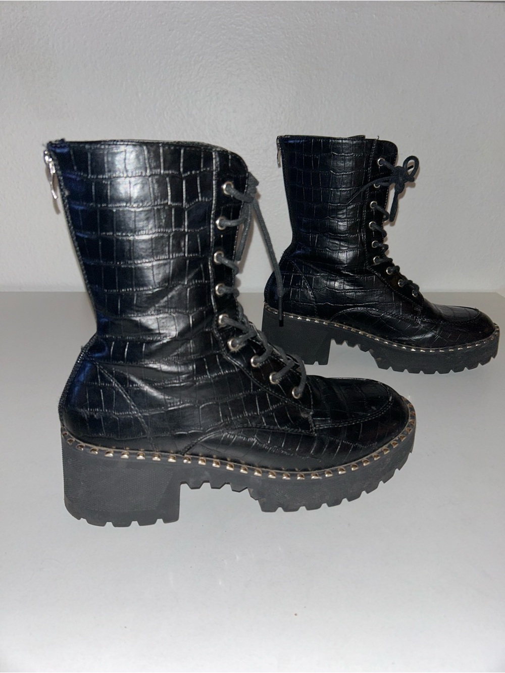 Black Croc-Embossed Lace-Up Combat Boots with Studded Trim